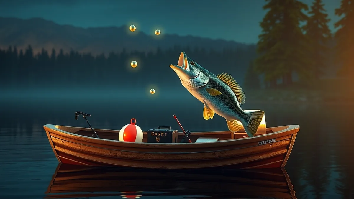 Bass leaping beside a fishing boat on a lake at dusk