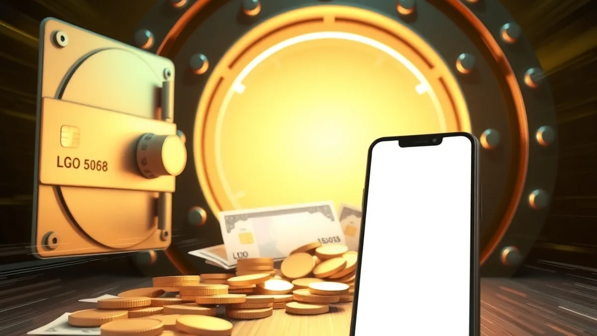 Gold coins flowing from a vault toward a bank card and smartphone
