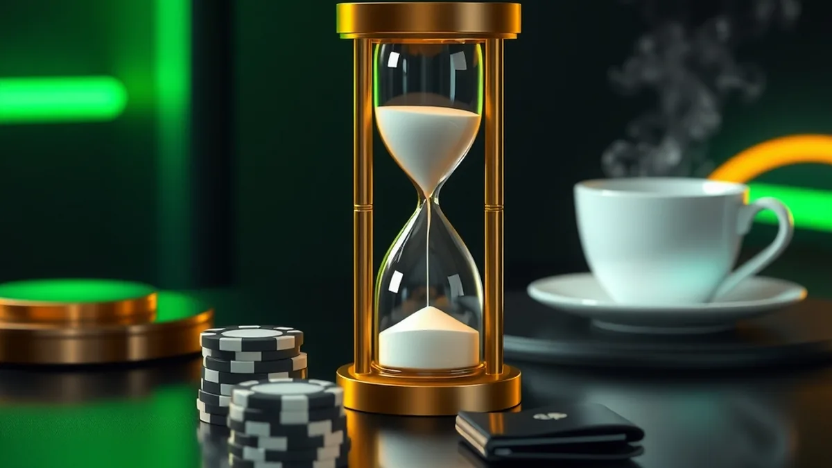 Hourglass beside a small stack of chips symbolising responsible gambling at Tucan Casino