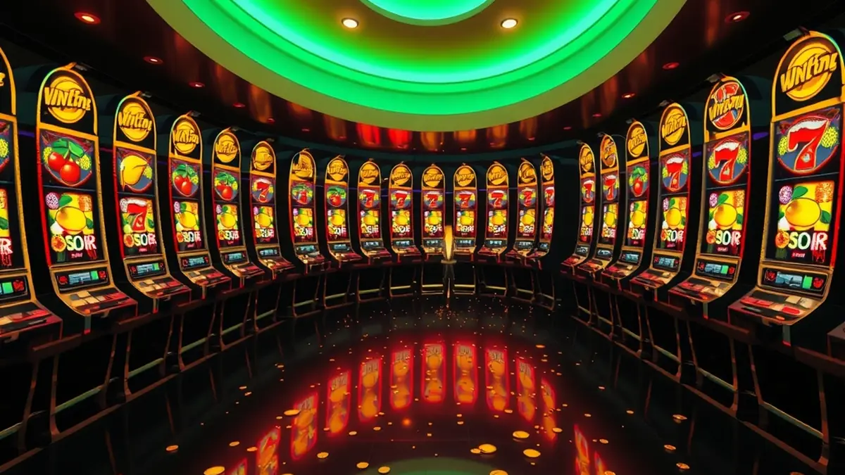 Wall of glowing slot machines with fruit and gem reels in a casino lobby