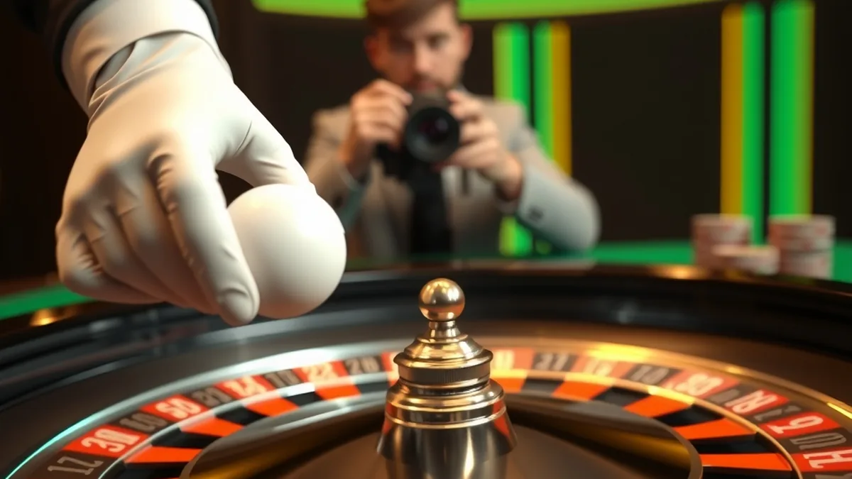 Dealer's hands spinning a live roulette wheel on a green felt table