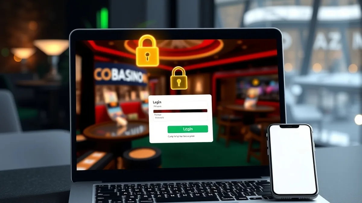 Laptop showing a blurred casino lobby with a glowing padlock for Tucan Casino login