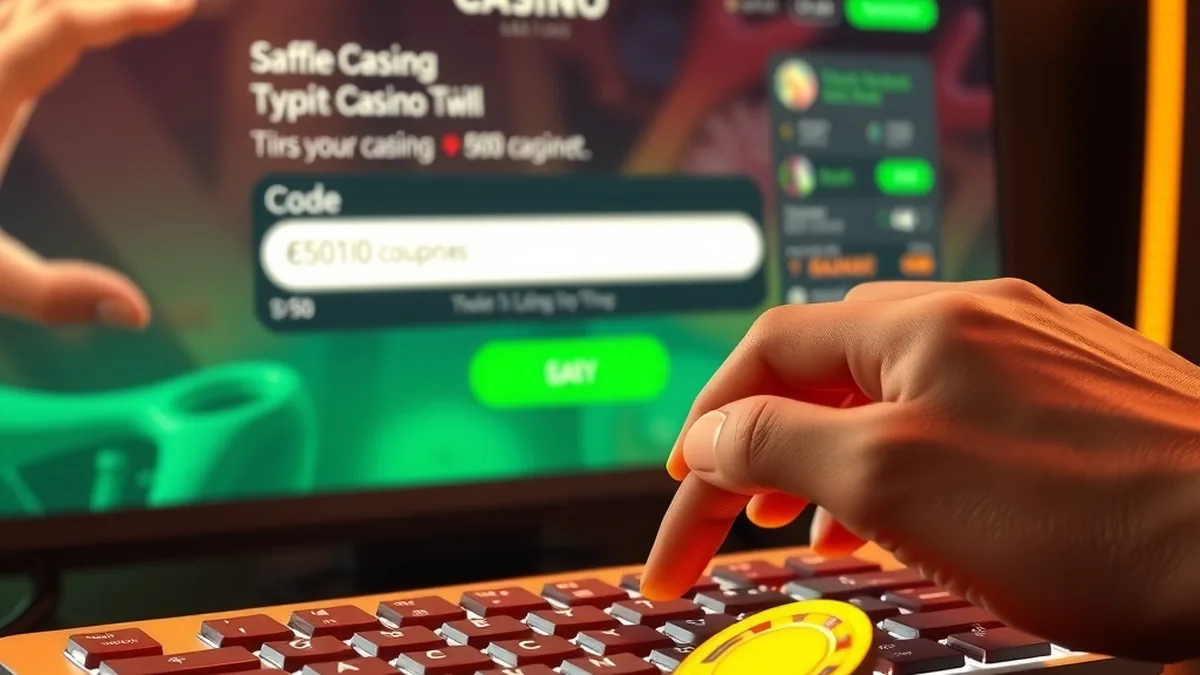 Hands typing a promo code into a casino cashier field on a keyboard