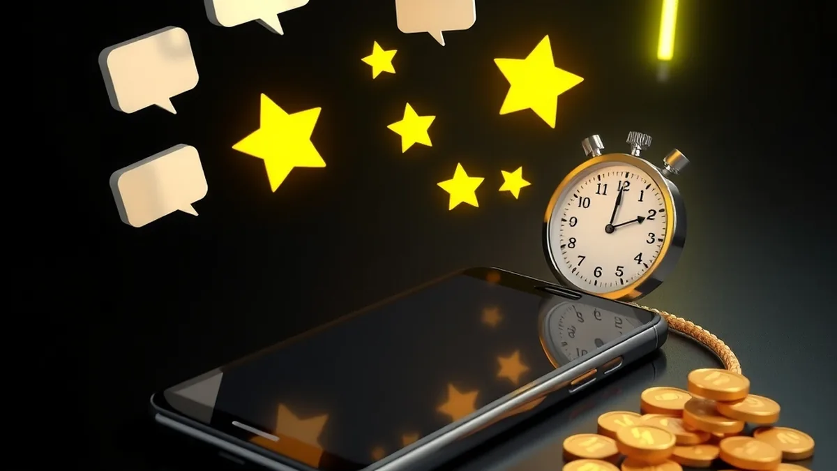 Speech bubbles, stars and a stopwatch above coins representing Tucan Casino player reviews