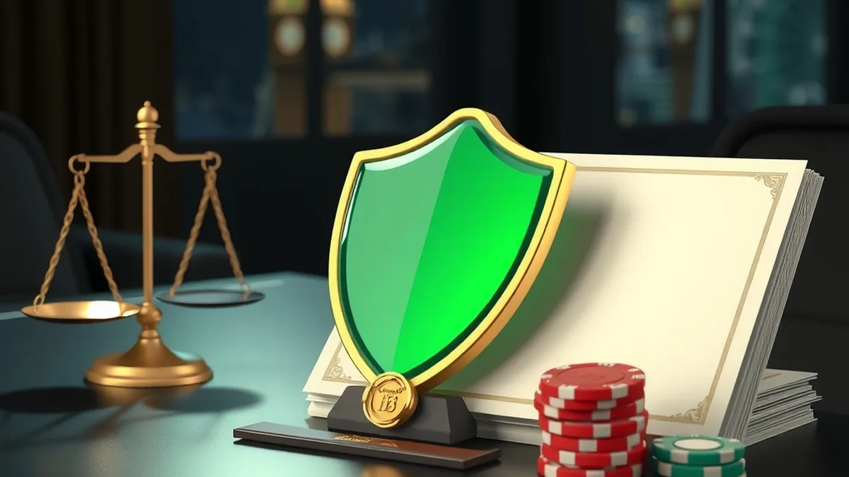 Emerald shield, golden scales and sealed documents representing casino licensing in the UK